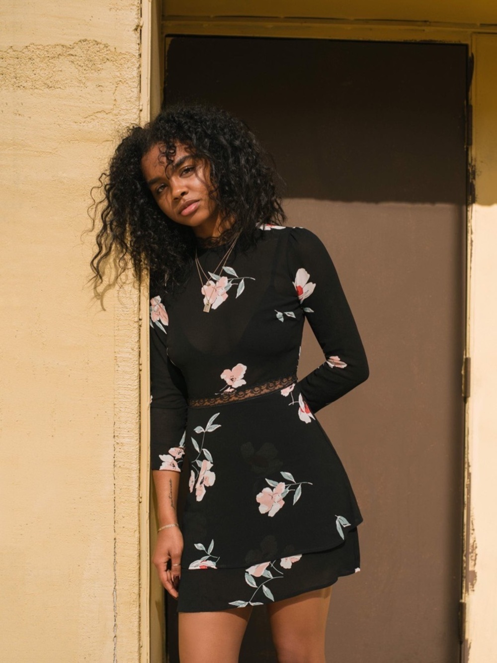 REFORMATION Black Floral Lace-Trim Long Sleeve Mini Sheer Dress EUC